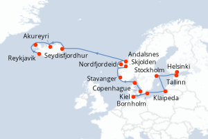 Carte itinéraire croisière - 17 jours au départ de Helsinki - Europe du Nord