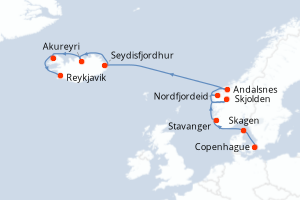 Carte itinéraire croisière - 10 jours au départ de Copenhague - Europe du Nord