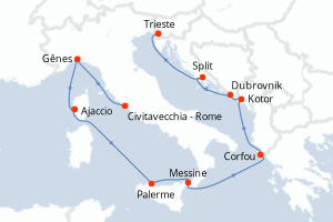 Carte itinéraire croisière - 10 jours au départ de Civitavecchia - Rome - Méditerranée