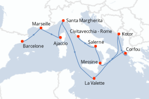 Carte itinéraire croisière - 11 jours au départ de Barcelone - Méditerranée