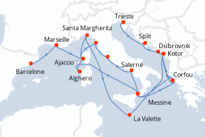 Carte itinéraire croisière - 21 jours au départ de Barcelone - Méditerranée