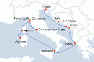 Carte itinéraire croisière - 10 jours au départ de Civitavecchia - Rome - Méditerranée