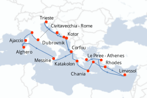 Carte itinéraire croisière - 21 jours au départ de Civitavecchia - Rome - Méditerranée