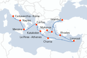 Carte itinéraire croisière - 14 jours au départ de Le Piree - Athenes - Méditerranée