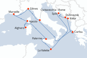 Carte itinéraire croisière - 14 jours au départ de Civitavecchia - Rome - Méditerranée