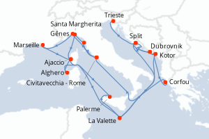 Carte itinéraire croisière - 24 jours au départ de Civitavecchia - Rome - Méditerranée