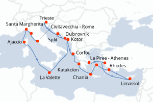 Carte itinéraire croisière - 21 jours au départ de Civitavecchia - Rome - Méditerranée