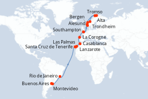 Carte itinéraire croisière - 36 jours au départ de Buenos Aires - Transatlantique