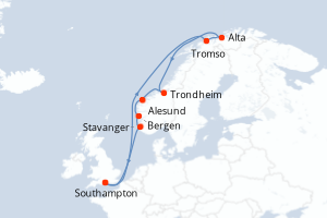 Carte itinéraire croisière - 14 jours au départ de Southampton - Europe du Nord