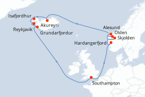 Carte itinéraire croisière - 14 jours au départ de Southampton - Europe du Nord