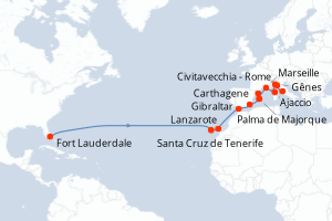 Carte itinéraire croisière - 22 jours au départ de Fort Lauderdale - Transatlantique