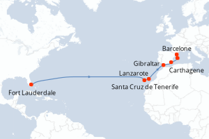 Carte itinéraire croisière - 15 jours au départ de Fort Lauderdale - Transatlantique