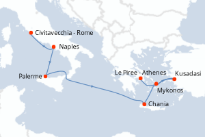 Carte itinéraire croisière - 7 jours au départ de Civitavecchia - Rome - Méditerranée
