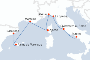 Carte itinéraire croisière - 7 jours au départ de Barcelone - Méditerranée