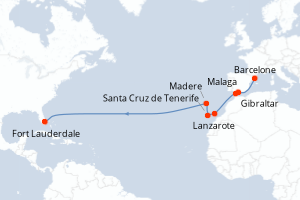 Carte itinéraire croisière - 15 jours au départ de Barcelone - Transatlantique