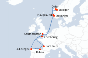 Carte itinéraire croisière - 14 jours au départ de Southampton - Europe du Nord
