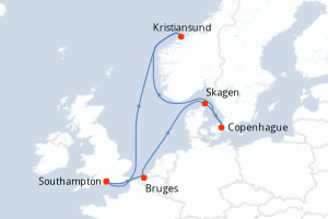 Carte itinéraire croisière - 7 jours au départ de Southampton - Europe du Nord