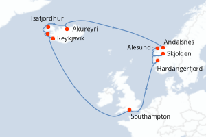 Carte itinéraire croisière - 14 jours au départ de Southampton - Europe du Nord