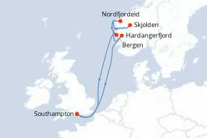 Carte itinéraire croisière - 7 jours au départ de Southampton - Europe du Nord