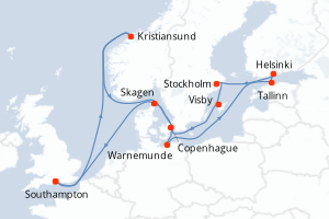 Carte itinéraire croisière - 14 jours au départ de Southampton - Europe du Nord