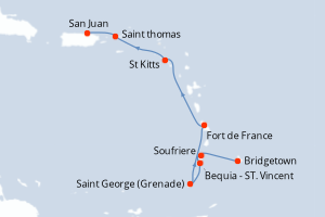 Carte itinéraire croisière - 8 jours au départ de Bridgetown - Caraïbes Bahamas