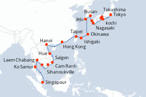 Carte itinéraire croisière  - 28 jours au départ de Singapour - Asie