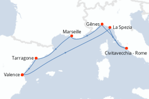 Carte itinéraire croisière - 7 jours au départ de Valence - Méditerranée