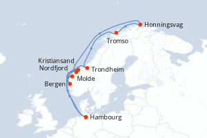 Carte itinéraire croisière  - 12 jours au départ de Hambourg - Europe du Nord
