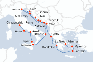 Carte itinéraire croisière D Athènes à Rome - 22 jours au départ de Le Piree - Athenes - Méditerranée