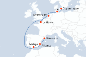 Carte itinéraire croisière - 10 jours au départ de Kiel - Méditerranée