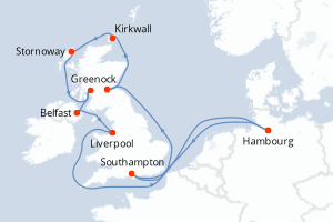 Carte itinéraire croisière - 12 jours au départ de Hambourg - Europe du Nord