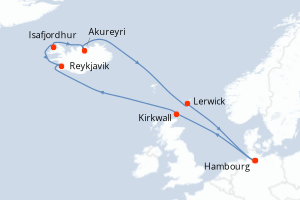 Carte itinéraire croisière  - 11 jours au départ de Hambourg - Europe du Nord