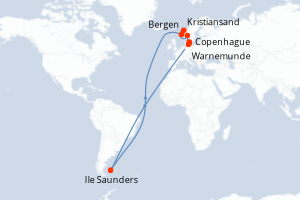 Carte itinéraire croisière - 7 jours au départ de Copenhague - Europe du Nord