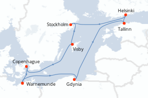 Carte itinéraire croisière - 10 jours au départ de Warnemunde - Europe du Nord