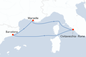 Carte itinéraire croisière - 4 jours au départ de Civitavecchia - Rome - Méditerranée