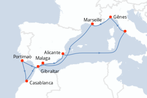 Carte itinéraire croisière - 10 jours au départ de Malaga - Méditerranée