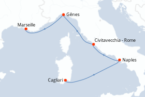 Carte itinéraire croisière - 4 jours au départ de Cagliari - Méditerranée