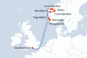 Carte itinéraire croisière - 7 jours au départ de Southampton - Europe du Nord
