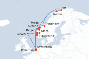 Carte itinéraire croisière - 21 jours au départ de Rotterdam - Europe du Nord