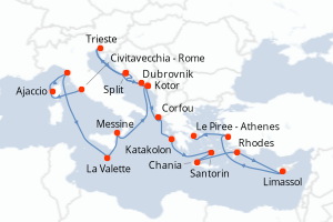 Carte itinéraire croisière - 21 jours au départ de Civitavecchia - Rome - Méditerranée