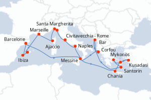 Carte itinéraire croisière - 21 jours au départ de Civitavecchia - Rome - Méditerranée