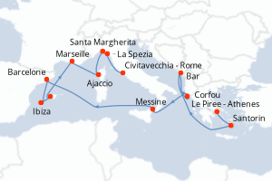 Carte itinéraire croisière - 14 jours au départ de Le Piree - Athenes - Méditerranée