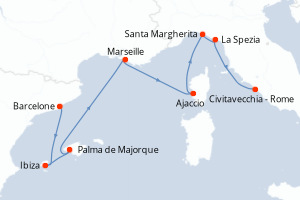 Carte itinéraire croisière - 7 jours au départ de Barcelone - Méditerranée