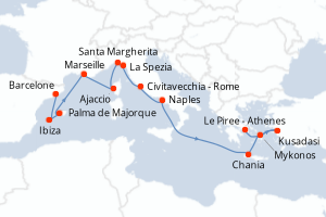 Carte itinéraire croisière - 14 jours au départ de Barcelone - Méditerranée