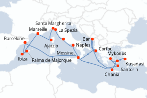 Carte itinéraire croisière - 21 jours au départ de Barcelone - Méditerranée