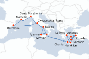 Carte itinéraire croisière - 21 jours au départ de Le Piree - Athenes - Méditerranée