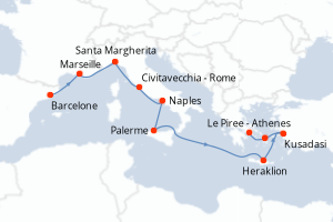 Carte itinéraire croisière - 10 jours au départ de Barcelone - Méditerranée