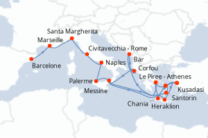 Carte itinéraire croisière - 20 jours au départ de Barcelone - Méditerranée