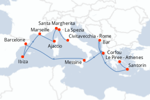 Carte itinéraire croisière - 14 jours au départ de Le Piree - Athenes - Méditerranée