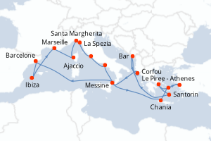 Carte itinéraire croisière - 21 jours au départ de Le Piree - Athenes - Méditerranée